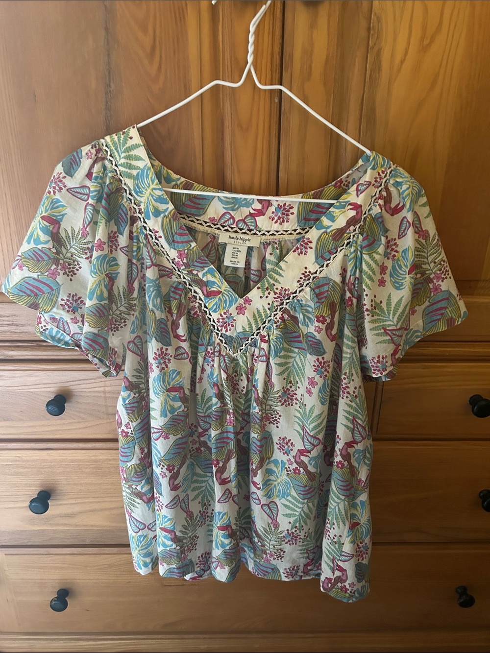 Floral Tropical Cotton Peasant Blouse in Cream, Teal & Pink